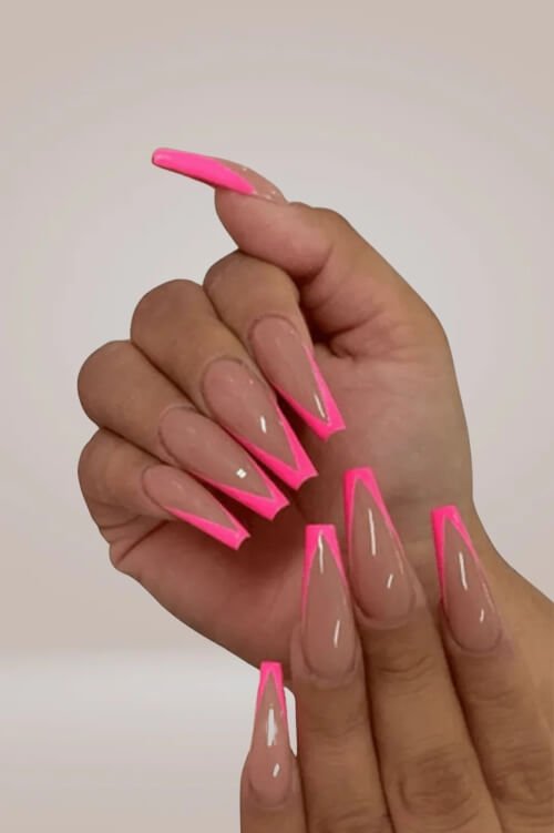 Nude Base with Hot Pink V-French Tips — Long Coffin Nails 2027