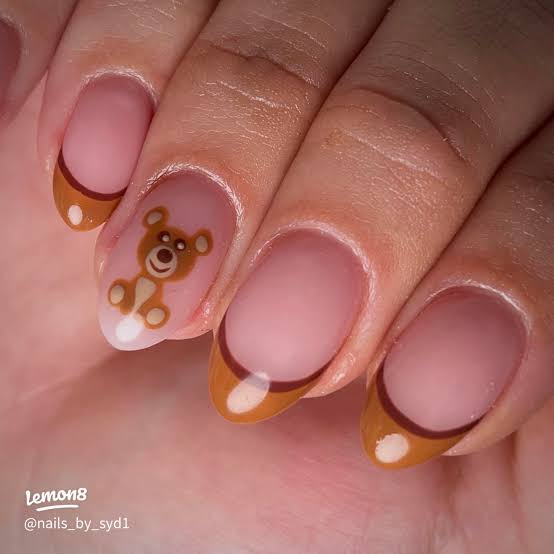 Nude Pink Oval with Teddy Decal — Baby Shower Nails 2027