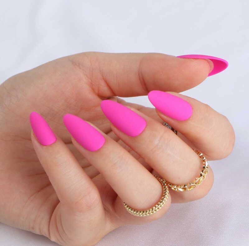 Matte Bright Pink Long Almonds Matte Bright Pink Long Almonds — Neon Matte Nails 2027