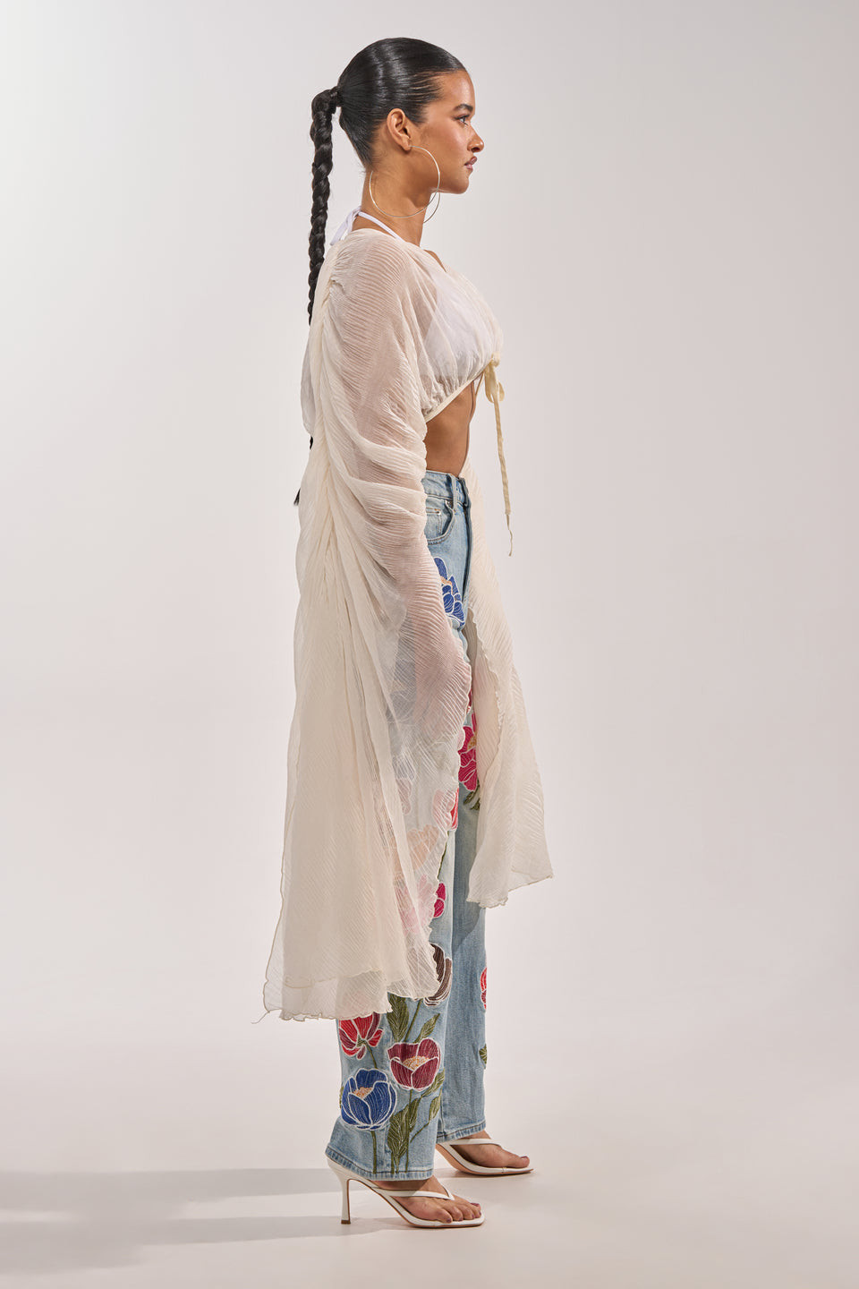 Cream Chiffon Cape Blouse with Embroidered Jeans Cream Chiffon Cape Blouse with Embroidered Jeans — Chiffon Blouse Outfits 2027