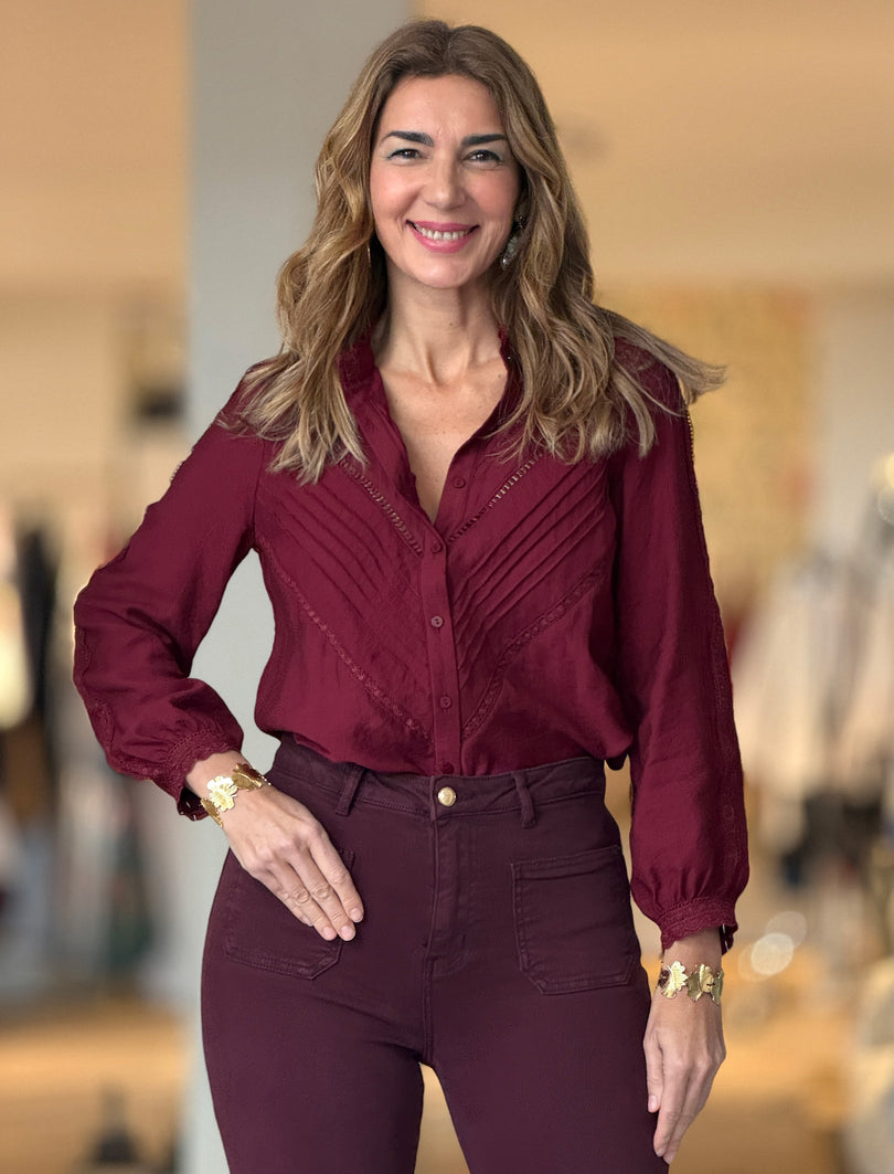 Smart Casual Burgundy Blouse with Pintuck and Lace Details — Burgundy Outfits 2027