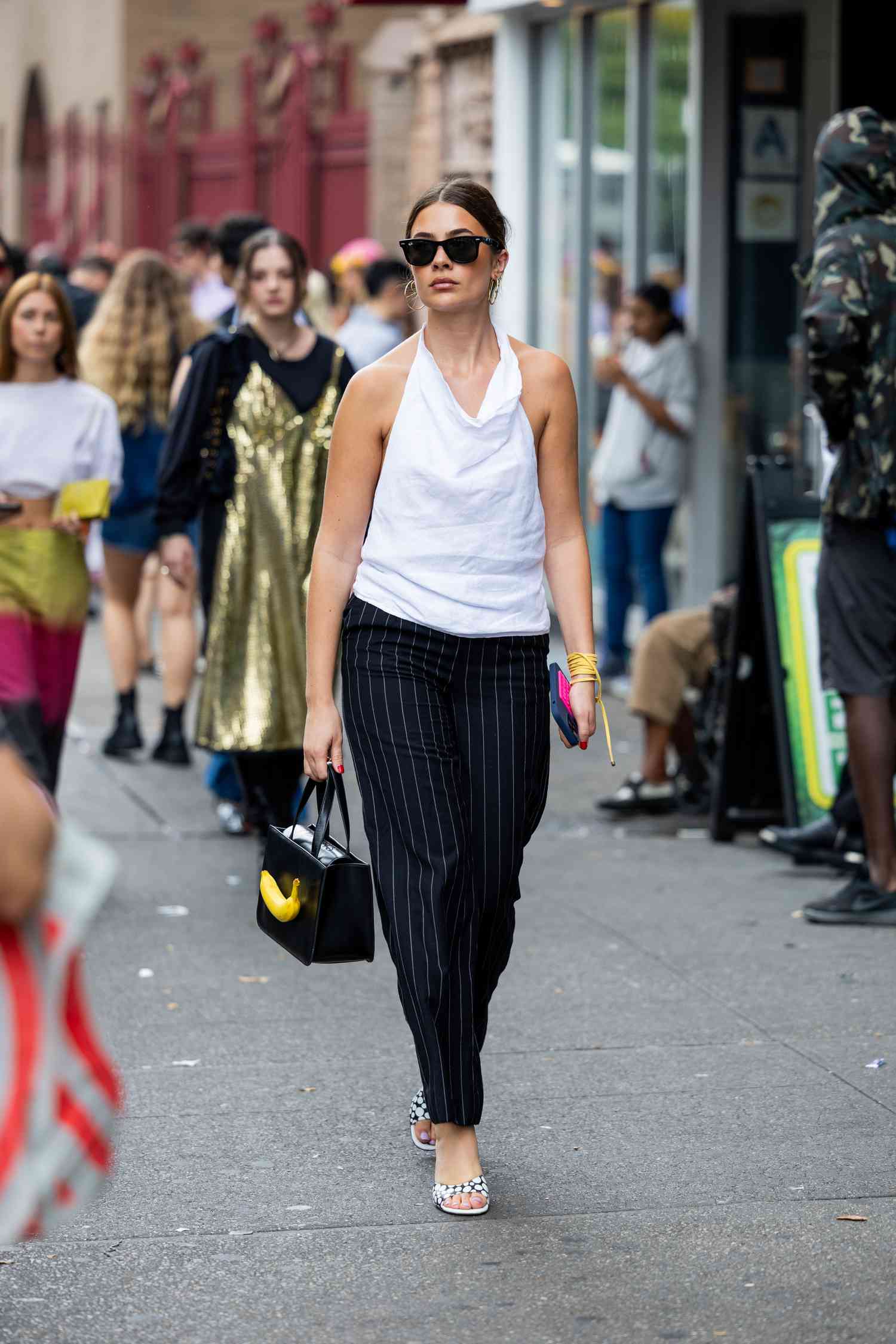 Black Pinstripe Straight-Leg Pants With Halter Top Black Pinstripe Straight-Leg Pants With Halter Top — Pinstripe Outfits 2027