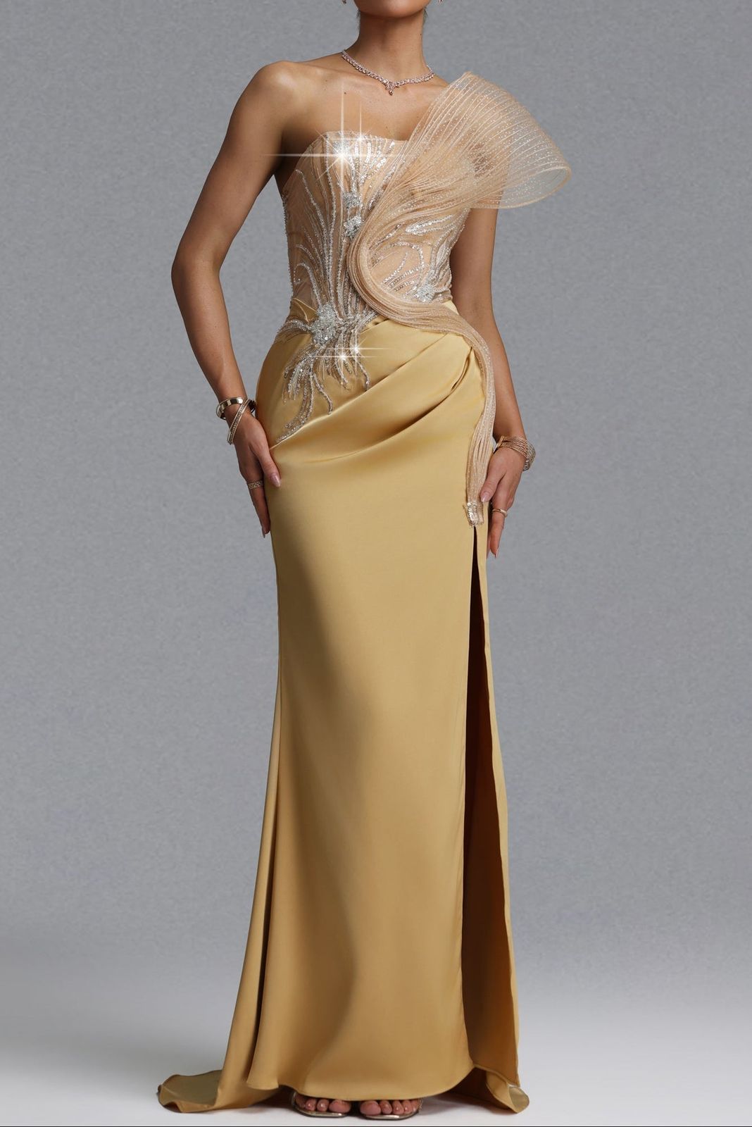 Gold Satin Strapless Mermaid Gown with Asymmetrical Draping Gold Satin Strapless Mermaid Gown with Asymmetrical Draping — Mermaid Gala Dress 2027