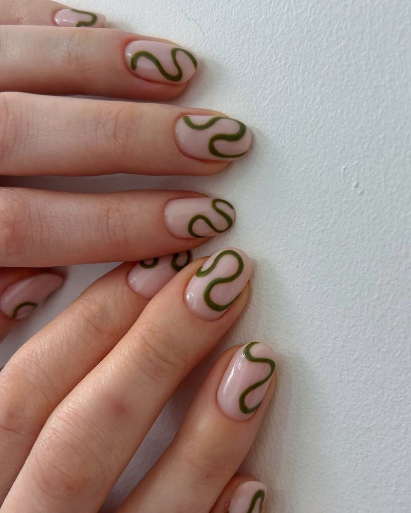 Pale Pink Olive Green Wavy Lines Pale Pink Olive Green Wavy Lines — Swirl Nails 2027
