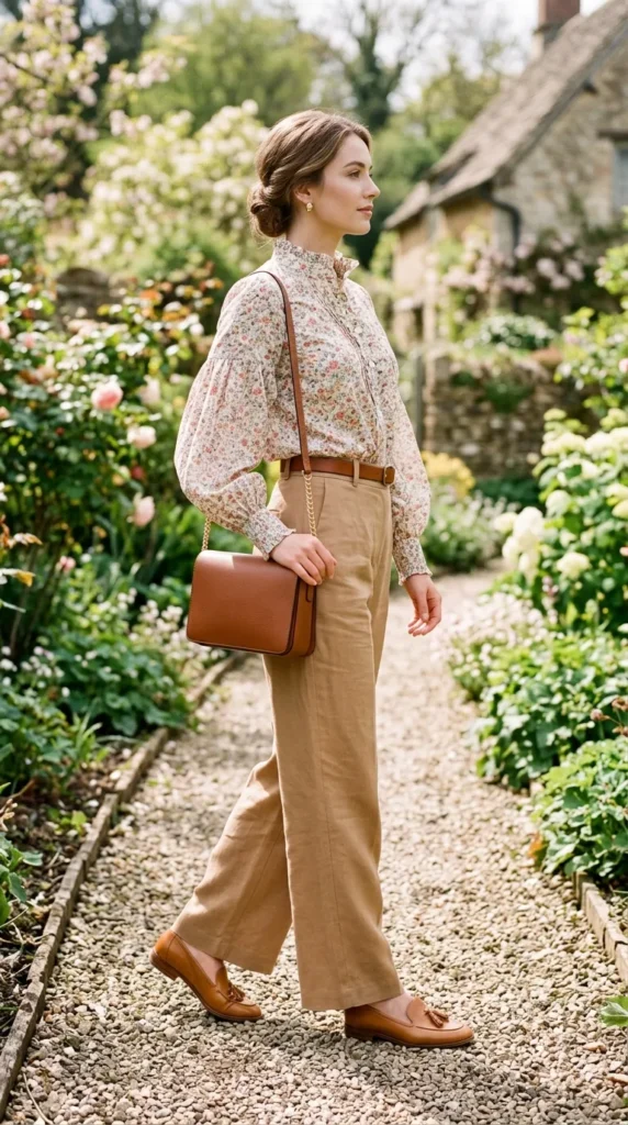 Floral Blouse and Linen Trousers with Tan Loafers Floral Blouse and Linen Trousers with Tan Loafers — Spring Outfits 2027 with Loafers