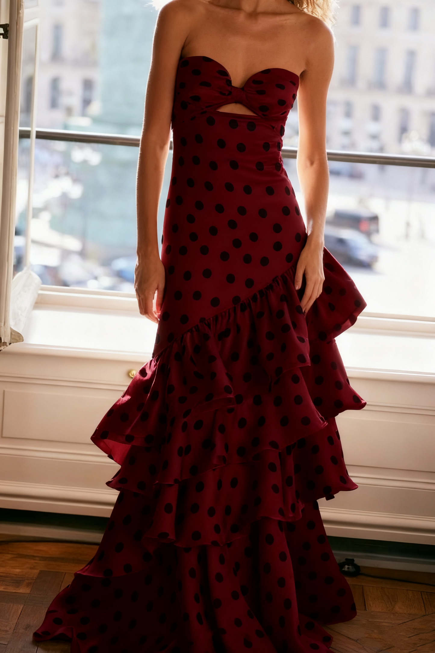 Burgundy Strapless Dress with Black Polka Dots and Tiered Ruffles Burgundy Strapless Dress with Black Polka Dots and Tiered Ruffles — Strapless Dresses 2027