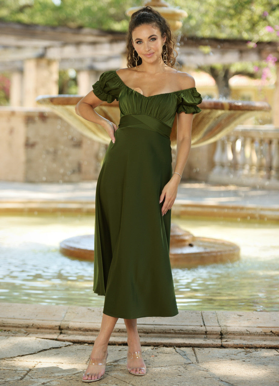 Olive Green Satin Off-the-Shoulder Milkmaid Dress with Gold Earrings Olive Green Satin Off-the-Shoulder Milkmaid Dress with Gold Earrings — Milkmaid Dresses 2027