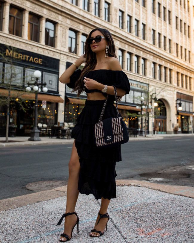 Black Off-Shoulder Top and Ruffled Midi Skirt for Chic Evenings Black Off-Shoulder Top and Ruffled Midi Skirt for Chic Evenings — Summer Two Piece Set Outfits 2027
