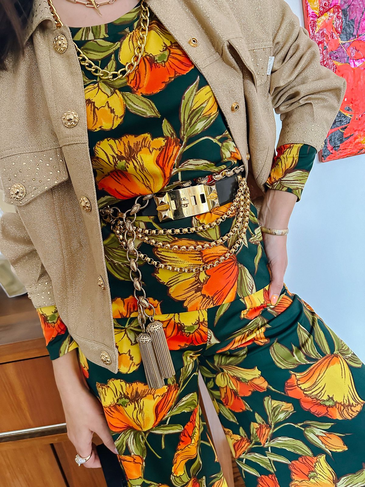 Boho Jumpsuit with a Multi-Chain Gold Statement Belt Boho Jumpsuit with a Multi-Chain Gold Statement Belt — Statement Belt Outfits 2027