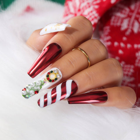 Chrome Glossy Rhinestones Pearls Visual Idea — Long Christmas Nails 2026