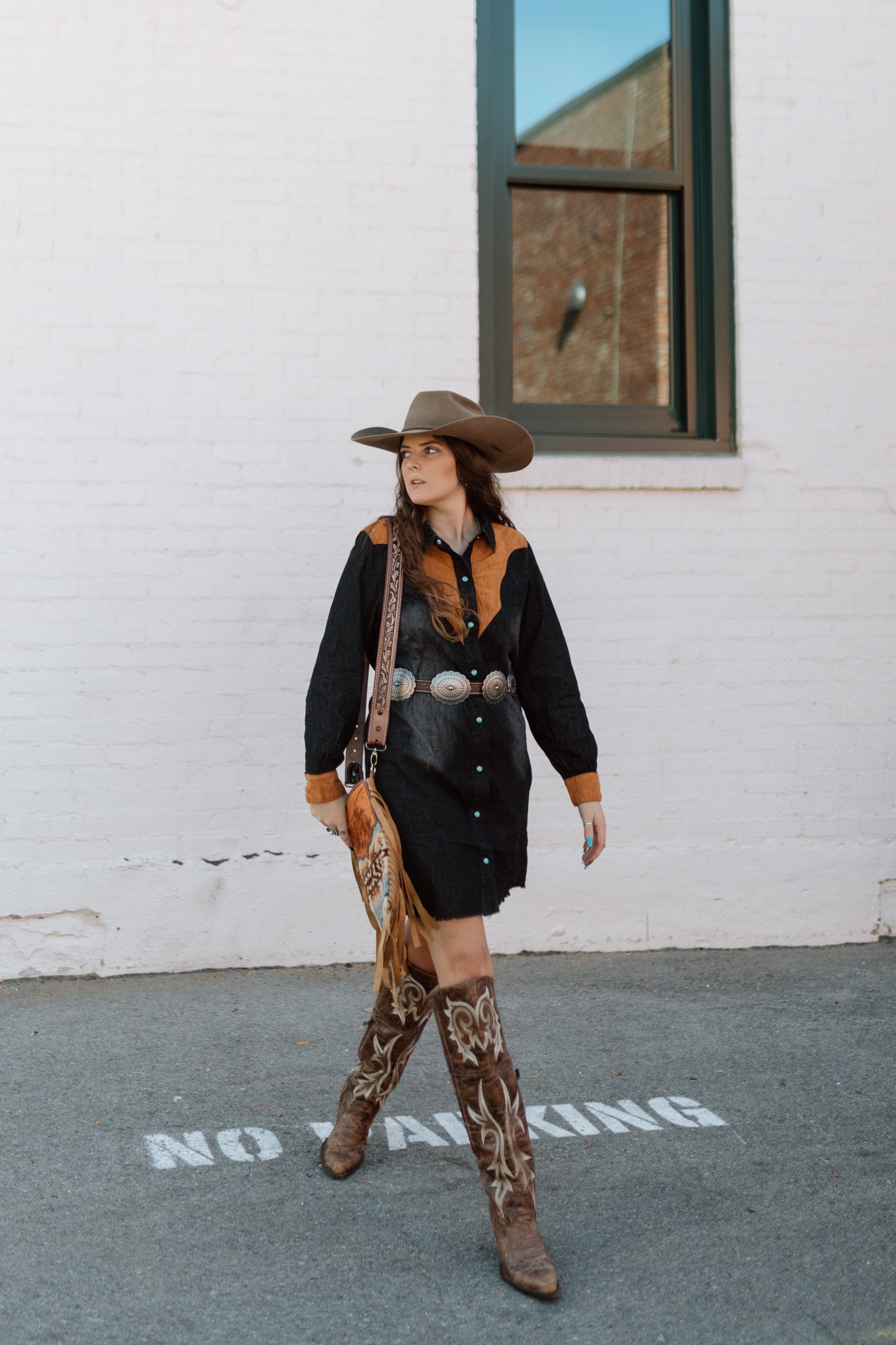 Black Denim Shirt Dress with Suede Accents and Fringe Bag Black Denim Shirt Dress with Suede Accents and Fringe Bag — Cowgirl Dress 2027