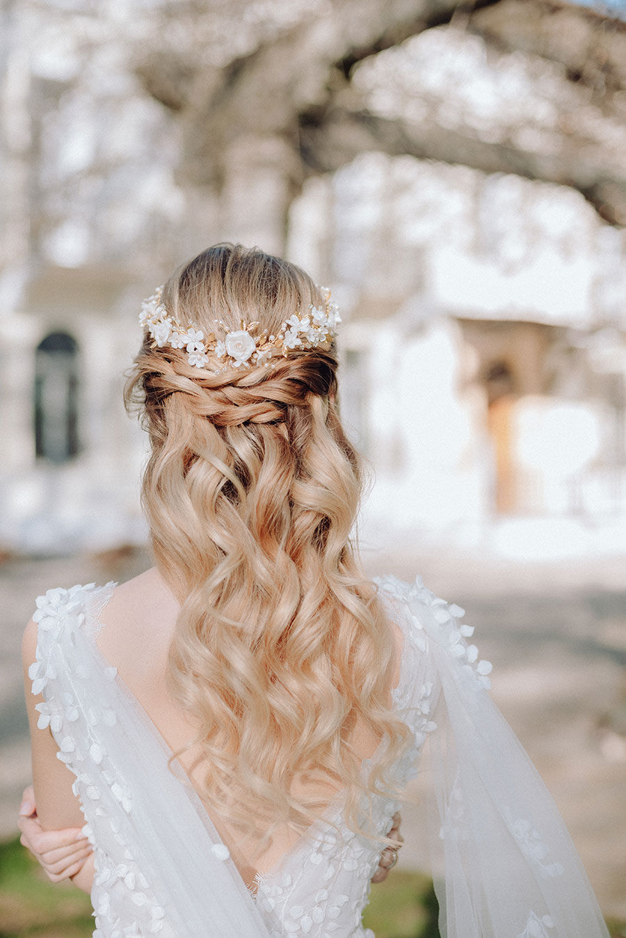 Light Blonde Floral Crown Half-Up — Bride Hairstyles 2027