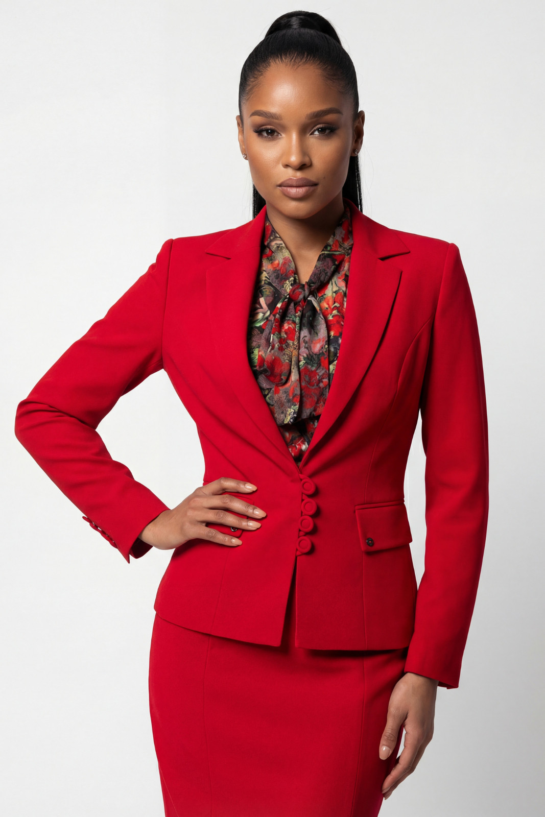Red Tailored Blazer with Floral Print Blouse Red Tailored Blazer with Floral Print Blouse — Blouse Outfits 2027 with Blazer