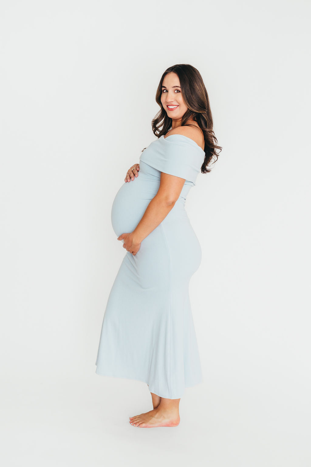 Elegant Light Blue Off-the-Shoulder Jersey Maxi Dress — Baby Shower Outfits 2027