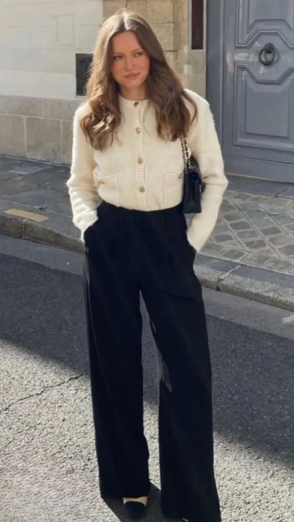 Cream Knit Cardigan and Black Trousers for a Smart Ensemble — First Day of Work Outfits 2027