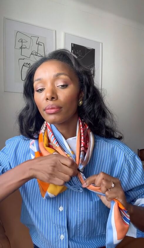 Vibrant Neck Accent: Silk Scarf with Pinstripe Shirt Vibrant Neck Accent: Silk Scarf with Pinstripe Shirt — Hair Scarf Outfits 2027