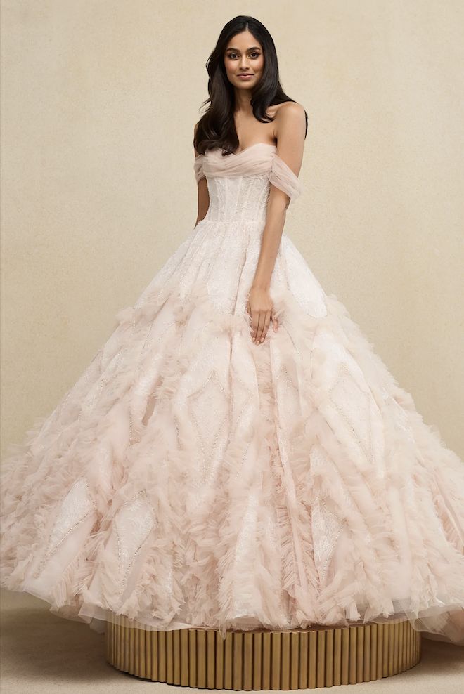 Blush Pink Off-the-Shoulder Ruffled Ballgown — Colored Wedding Dresses 2027