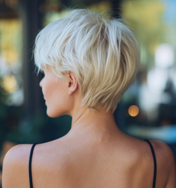 Platinum Blonde Choppy Pixie Back View Platinum Blonde Choppy Pixie Back View — Pixie Cut 2027 for Round Face