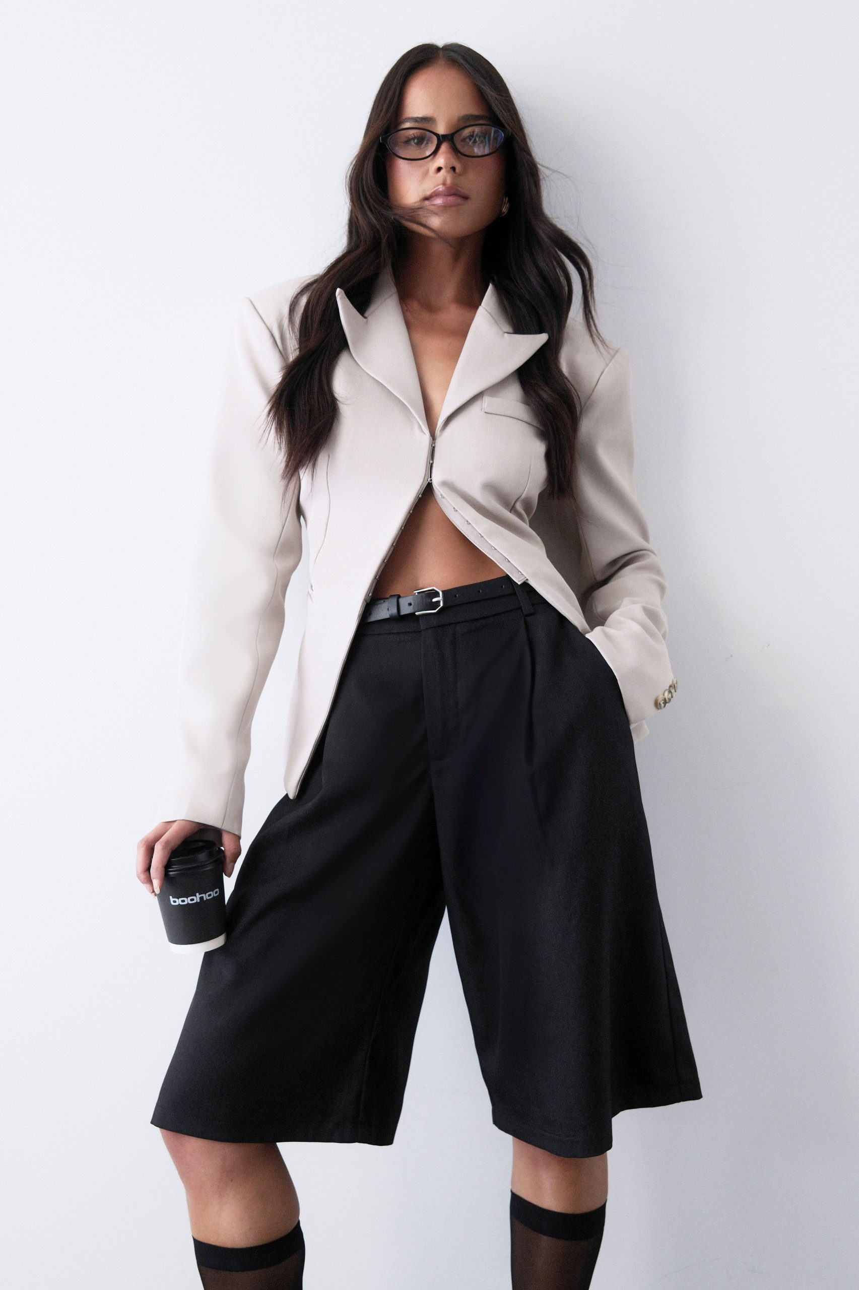Modern Beige Oversized Blazer with Black Culottes — Corporate Baddie Outfits 2027