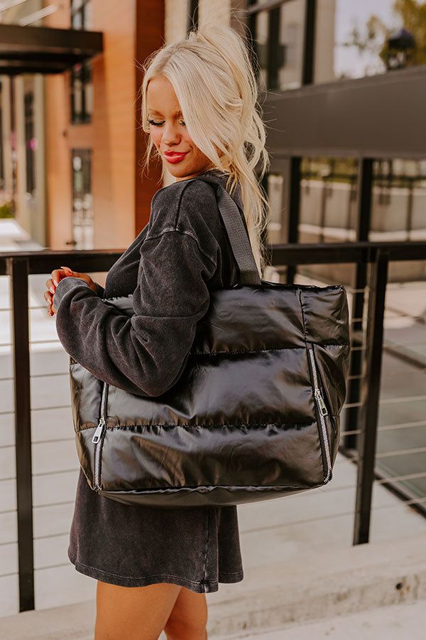 Practical Black Puffer Tote with Oversized Sweatshirt — Puffer Bag Outfits 2027