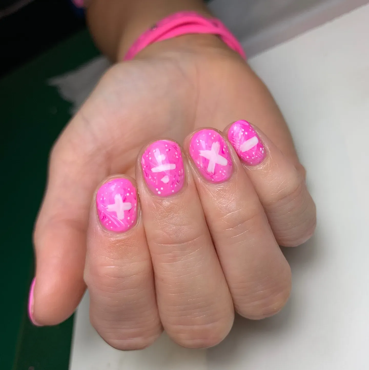 Bright Pink with White Crosses and Glitter Bright Pink with White Crosses and Glitter — Pink Rave Nails 2027