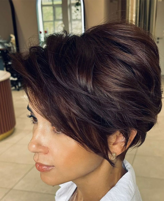 Asymmetrical Pixie With Textured Side Bangs Asymmetrical Pixie With Textured Side Bangs — Dark Brown Hair 2027