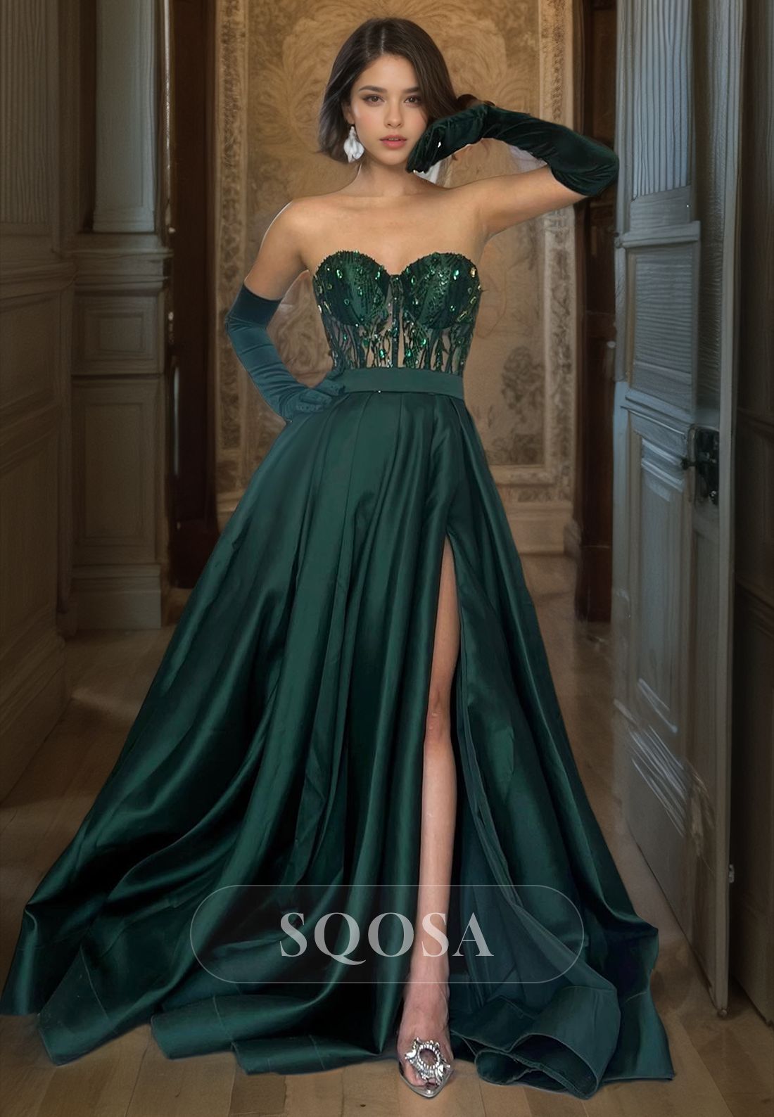 Emerald Green Satin Prom Dress with Beaded Bodice and Opera Gloves Emerald Green Satin Prom Dress with Beaded Bodice and Opera Gloves — Prom Dress 2027 with Gloves