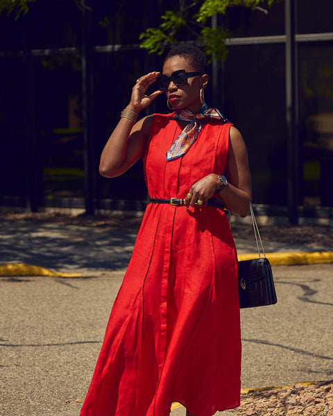 Vibrant Red Linen Midi Dress with Scarf Vibrant Red Linen Midi Dress with Scarf — Casual Dresses 2027