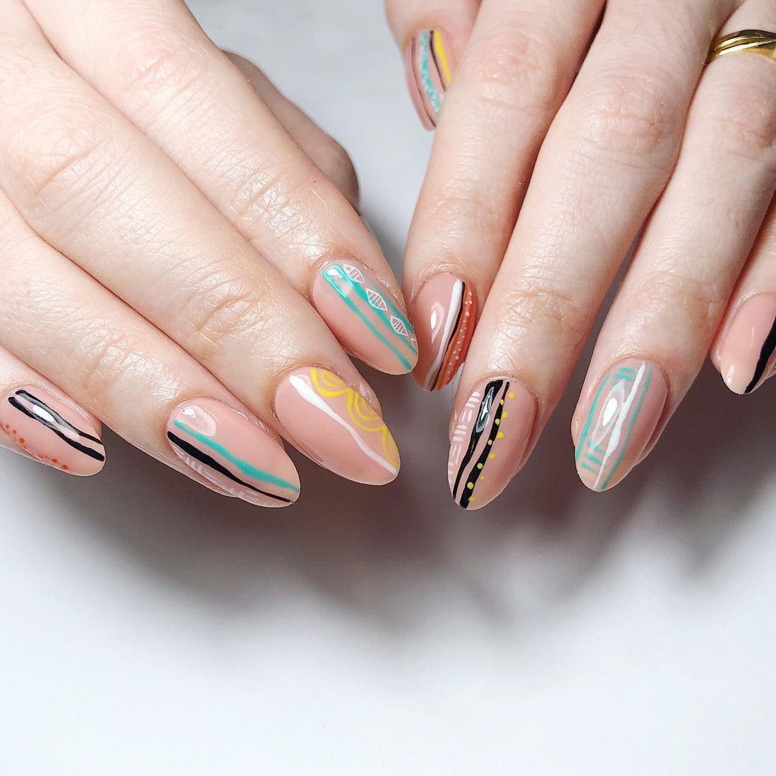Nude Base With Multi-Colored Accents Visual Idea Nude Base With Multi-Colored Accents Visual Idea — Thin Line Nails 2027