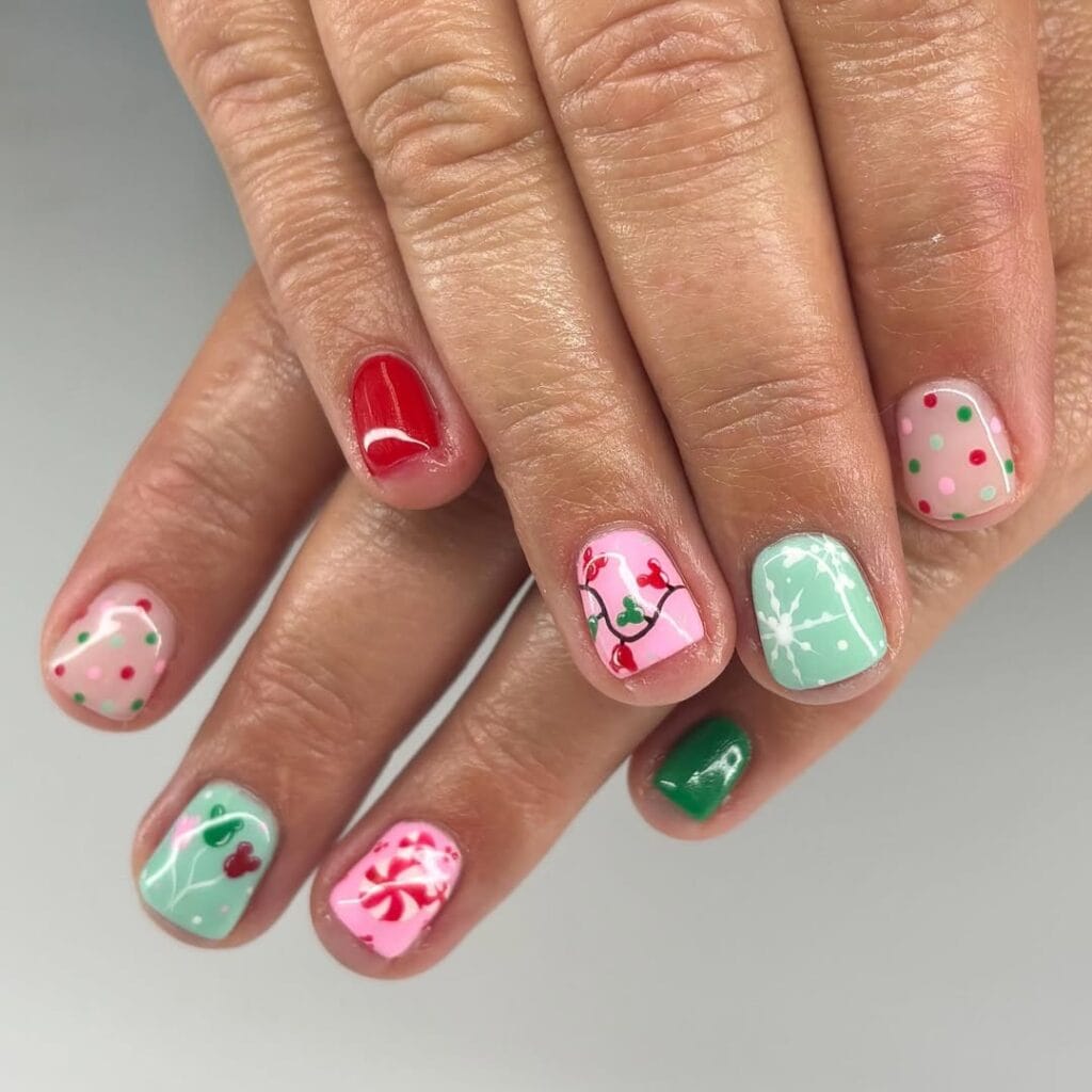 Glossy Short Squares with Mixed Christmas Motifs — Short Christmas Nails 2026