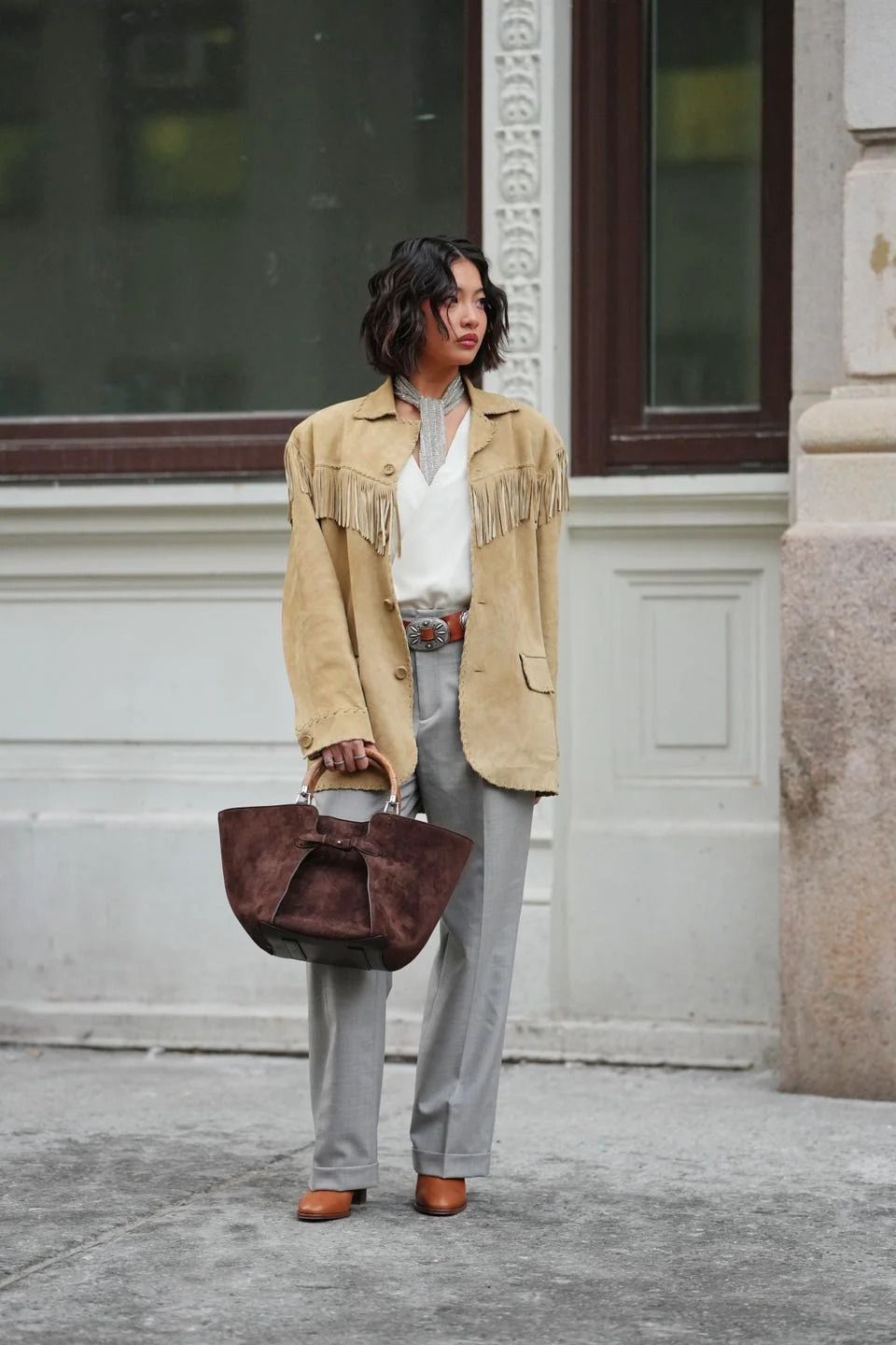 Sophisticated Casual: Tan Suede Fringe Jacket with Grey Trousers Sophisticated Casual: Tan Suede Fringe Jacket with Grey Trousers — Fringe Jacket Outfits 2027