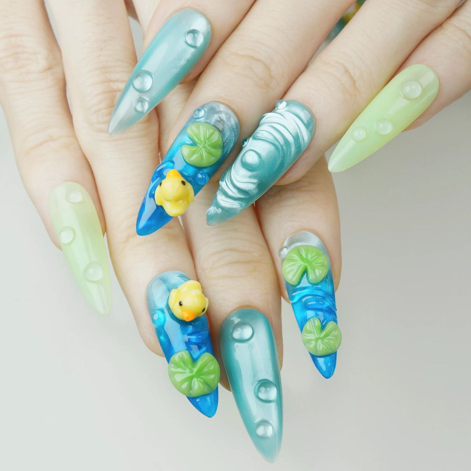 Long Stiletto Pearlescent Duck Nails Long Stiletto Pearlescent Duck Nails — Blue Duck Nails 2027