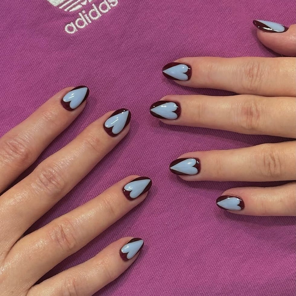 Dark Brown Stilettos with Blue Negative Space Hearts Dark Brown Stilettos with Blue Negative Space Hearts — Mismatched Heart Nails 2027
