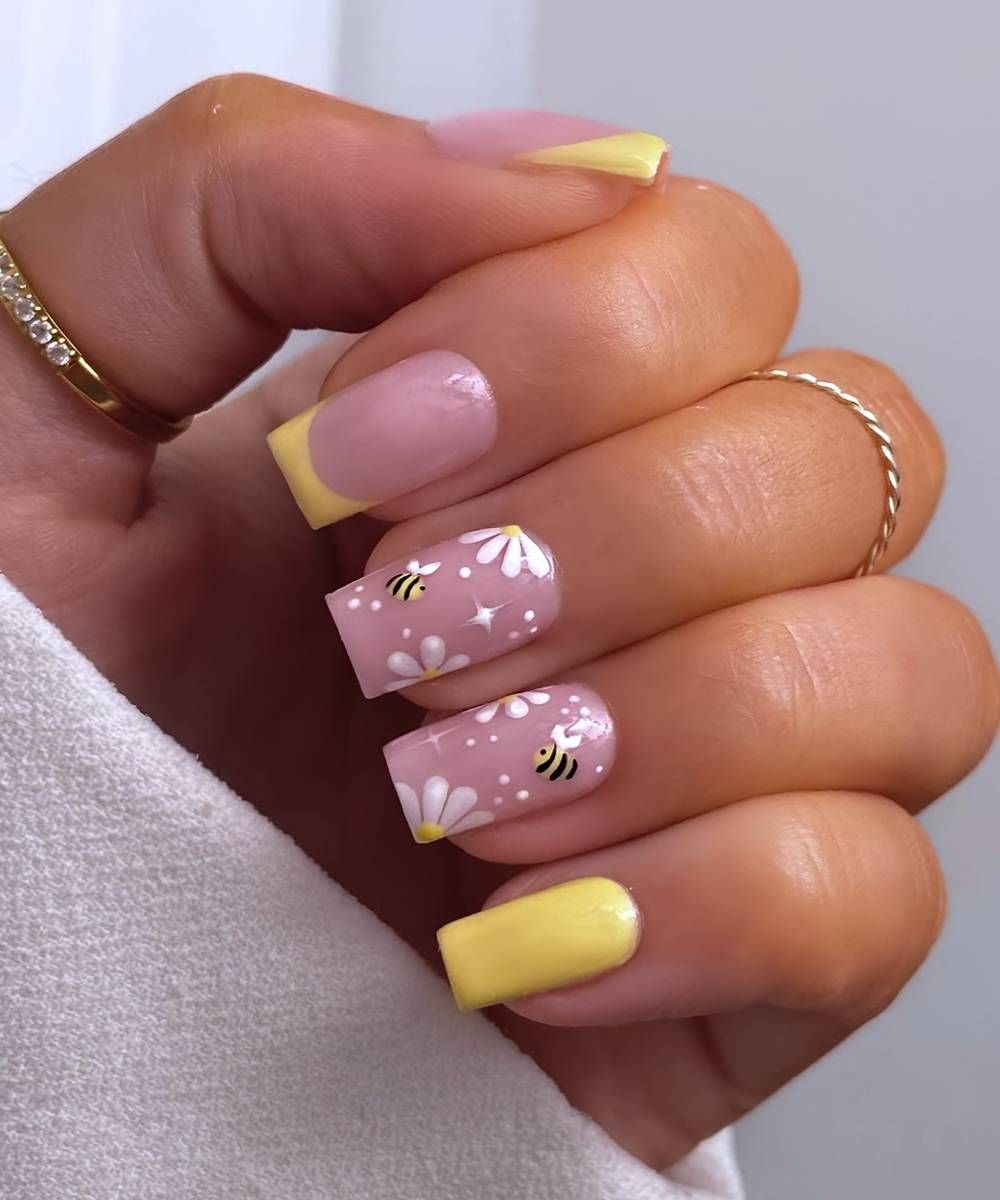 Pink with Yellow French, Bees, and Daisies Pink with Yellow French, Bees, and Daisies — Bee Nails 2027