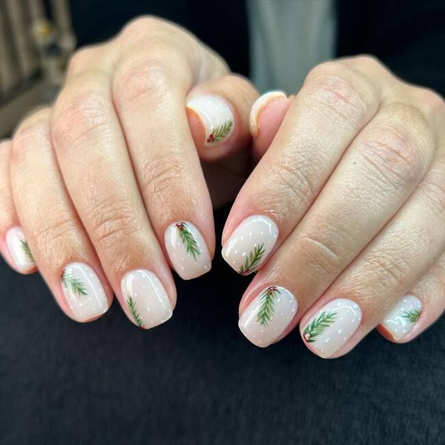 Pale Nude Nails with Pine Sprig Art Pale Nude Nails with Pine Sprig Art — Winter Formal Nails 2027