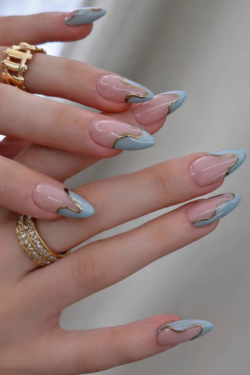 Wavy Light Blue French Tips with Gold Accents Wavy Light Blue French Tips with Gold Accents — Light Blue Quinceanera Nails 2027