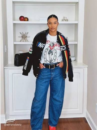 Embroidered Black Racing Jacket with Graphic Tee and Wide-Leg Jeans — NASCAR Outfits 2027