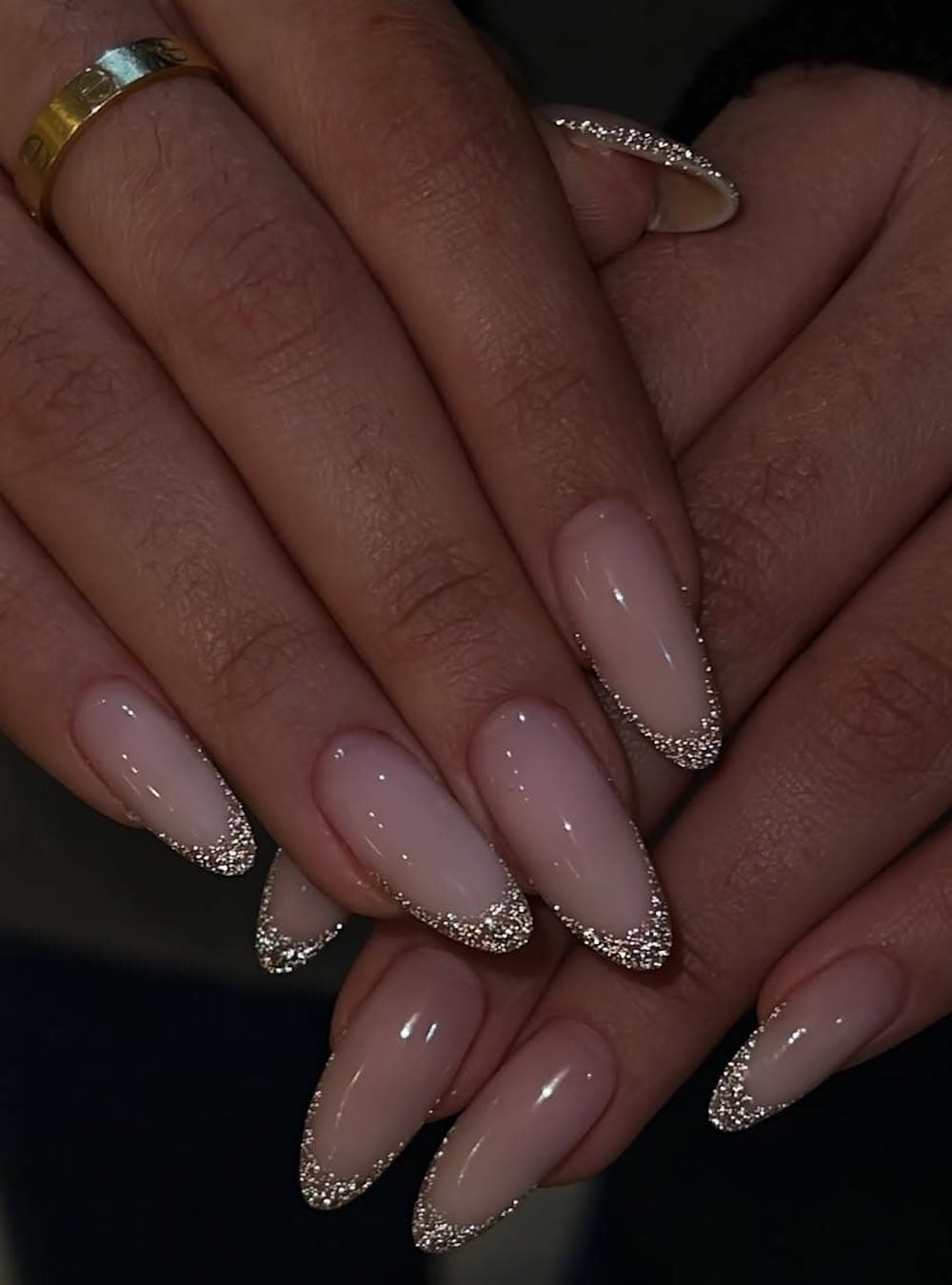 Nude Glitter French Tip Almond Nails — Winter Dip Nails 2027