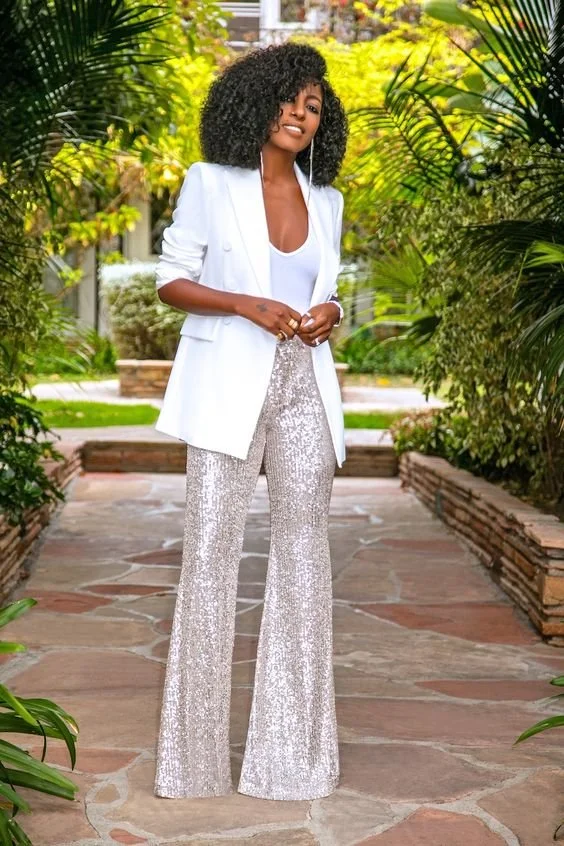 White Blazer Over Silver Sequined Trousers White Blazer Over Silver Sequined Trousers — Christmas Party Outfits 2026