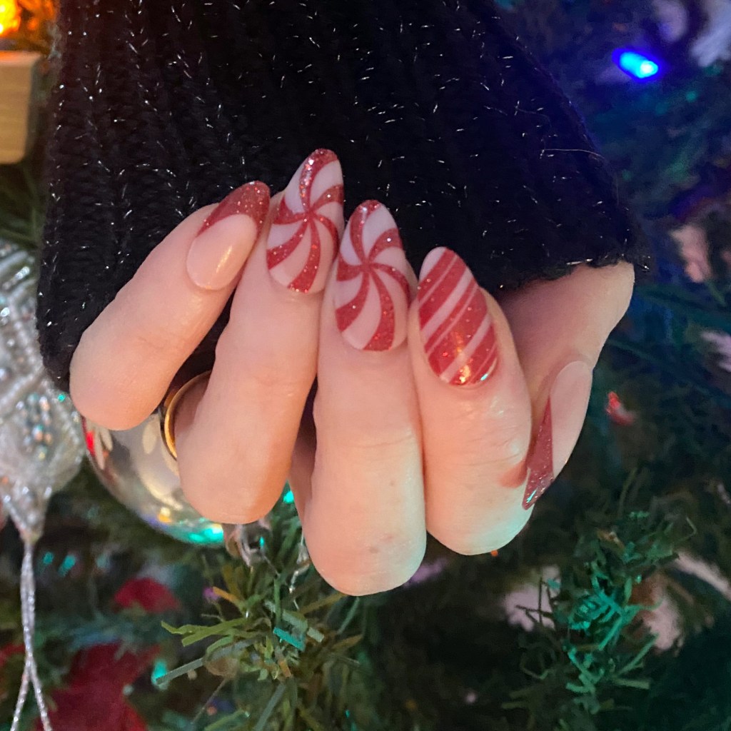 Glossy Stiletto Candy Cane Swirls Glossy Stiletto Candy Cane Swirls — Christmas Acrylic Nails 2026
