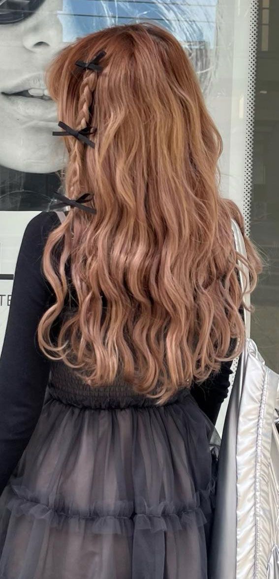 Rose Gold Waves With Small Black Bows Rose Gold Waves With Small Black Bows — Coquette Hairstyles 2027