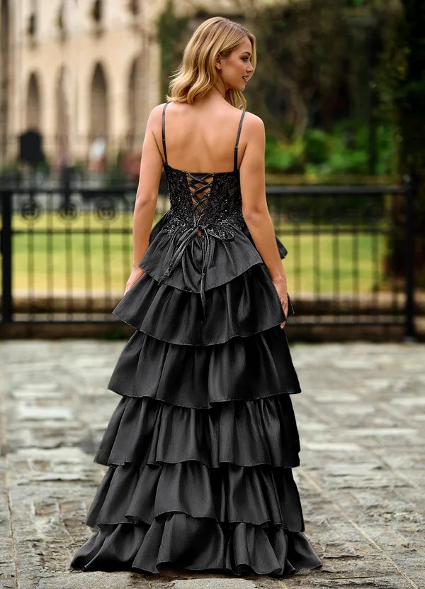 Black Tiered Prom Dress with Lace-Up Back Detail Black Tiered Prom Dress with Lace-Up Back Detail — Black Prom Dresses 2027