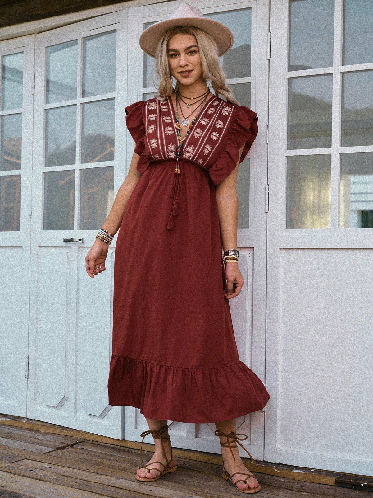 Rust Red Midi Dress with Embroidered Yoke and Tiered Ruffle Hem Rust Red Midi Dress with Embroidered Yoke and Tiered Ruffle Hem — Ruffle Hem Dress 2027