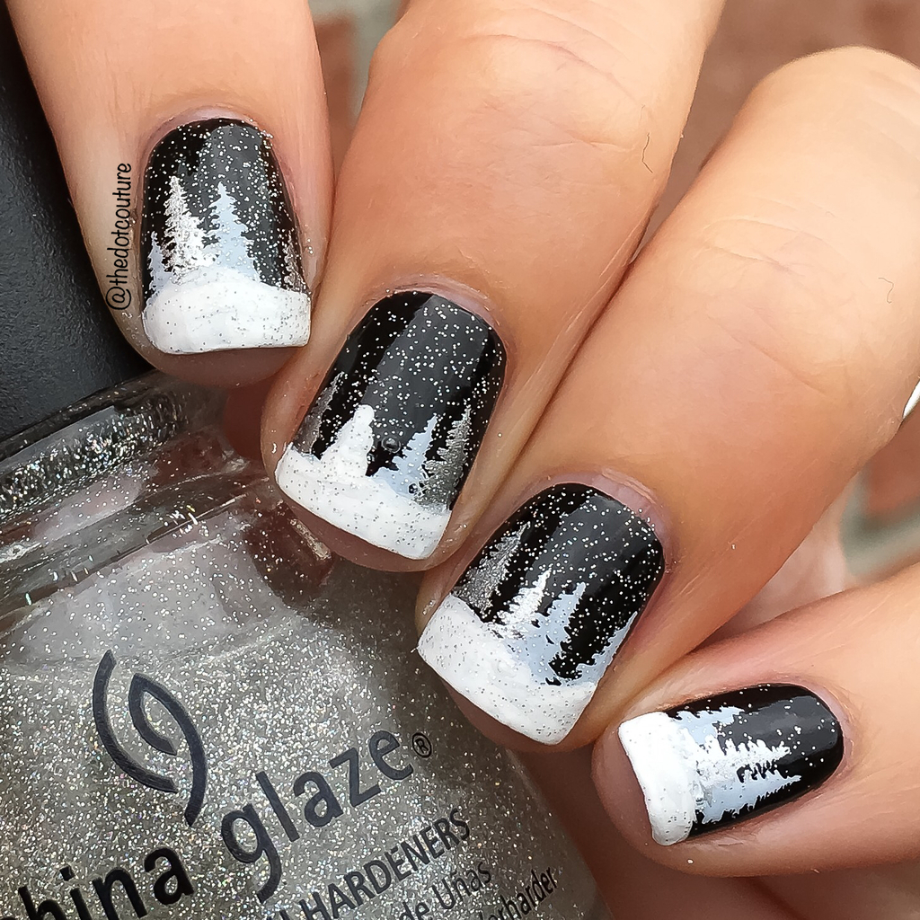 Short Square Black Winter Scene Nails Short Square Black Winter Scene Nails — Winter Black Nails 2027