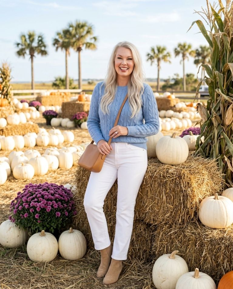 Light Blue Cable Knit Sweater and White Jeans — Modern Heirloom Outfits 2027