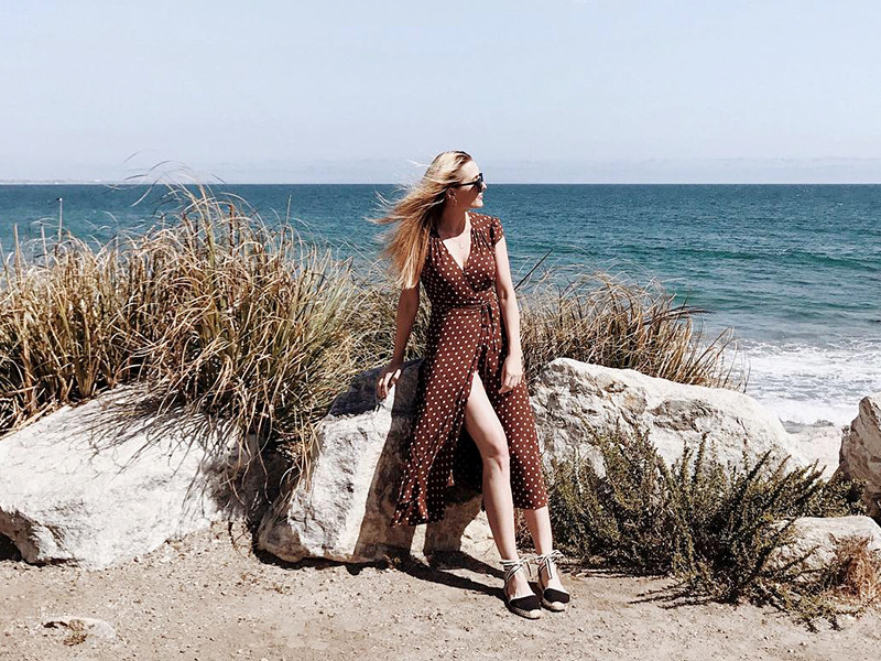 Black Espadrille Wedges with a Brown Polka Dot Wrap Dress — Vacation Espadrilles Outfits 2027
