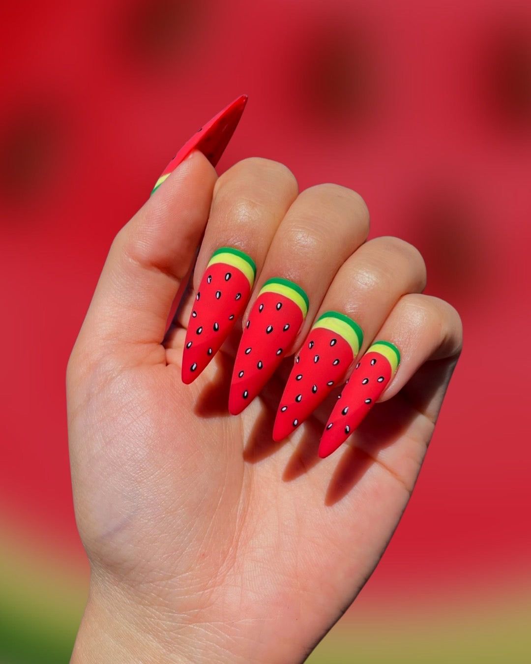 Matte Red Watermelon Rind Tipped Stilettos Matte Red Watermelon Rind Tipped Stilettos — Watermelon Nails 2027