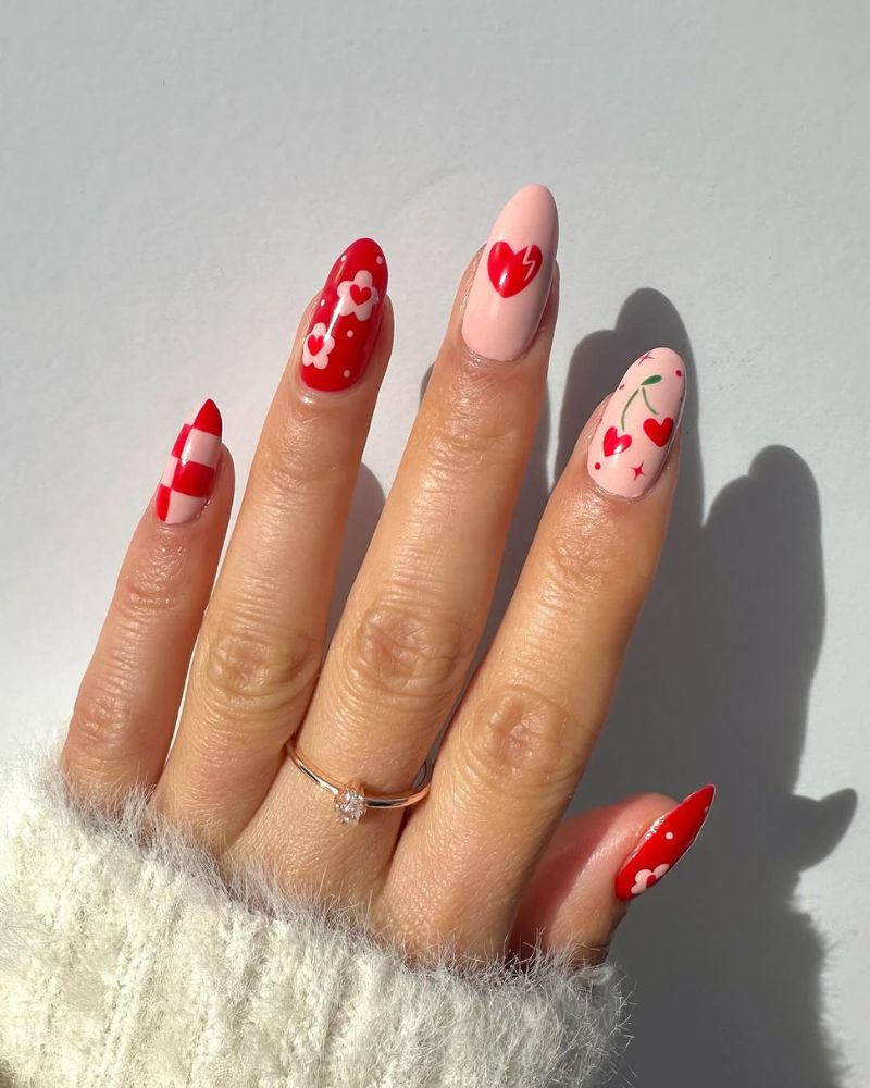 Playful Valentine Motifs on Light Pink Playful Valentine Motifs on Light Pink — Red Valentines Nails 2027