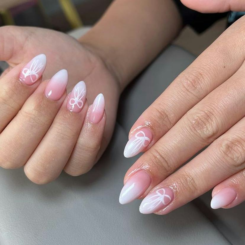 Pink Gradient with White Bow Outlines — Pink Bow Nails 2027