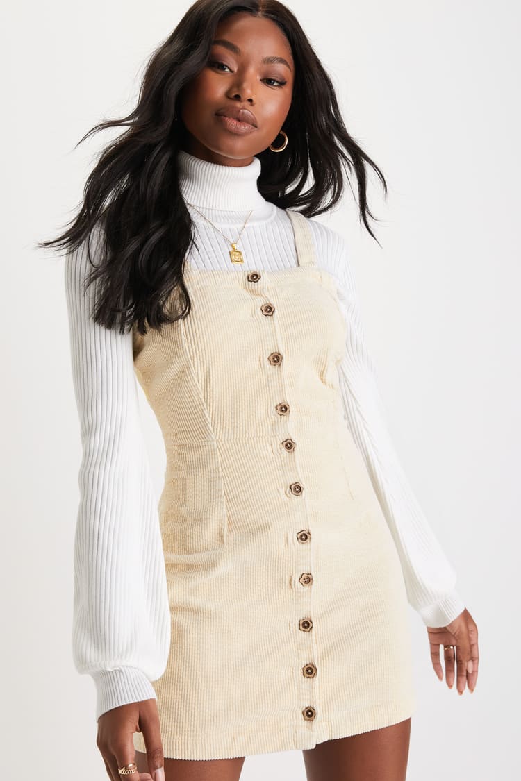 Cream Corduroy Button-Up Dress with Turtleneck Layer Cream Corduroy Button-Up Dress with Turtleneck Layer — Button Up Dress 2027